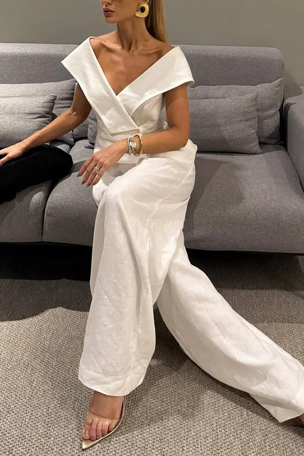 Soraya Linen Set – Off-Shoulder Top & Wide-Leg Pants for Elegant Evenings