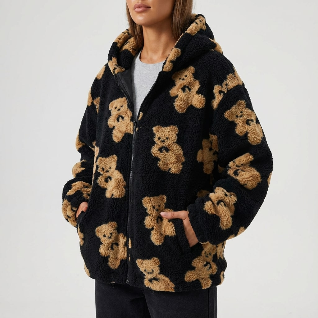 Maine Women’s Sherpa Jacket – Oversized Fleece Hooded Teddy Jacket with Full Zip