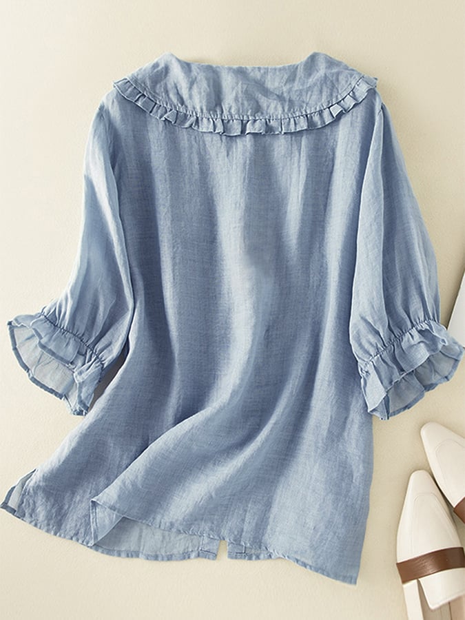 Adelina Ruffle Linen Shirt – Women’s Peter Pan Collar Cotton Blend Top