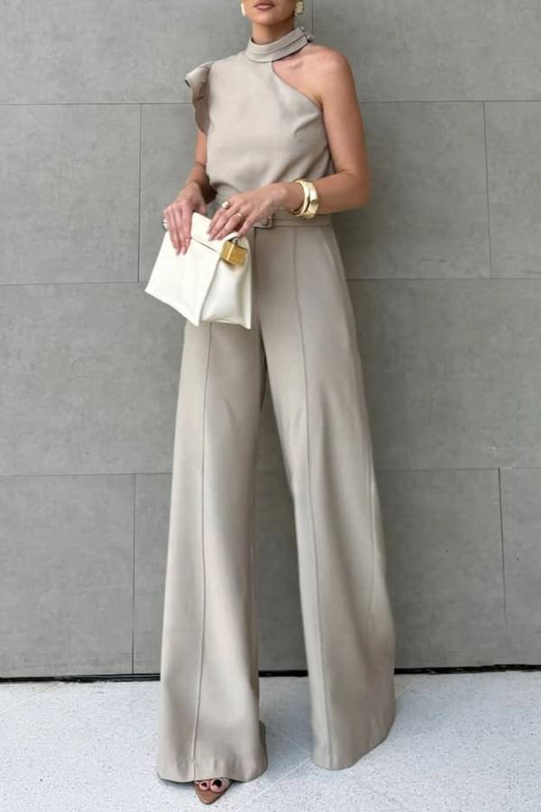 Leona One‑Shoulder Co‑ord Set – Ruffled Top & Straight‑Leg Pants for Summer Styling