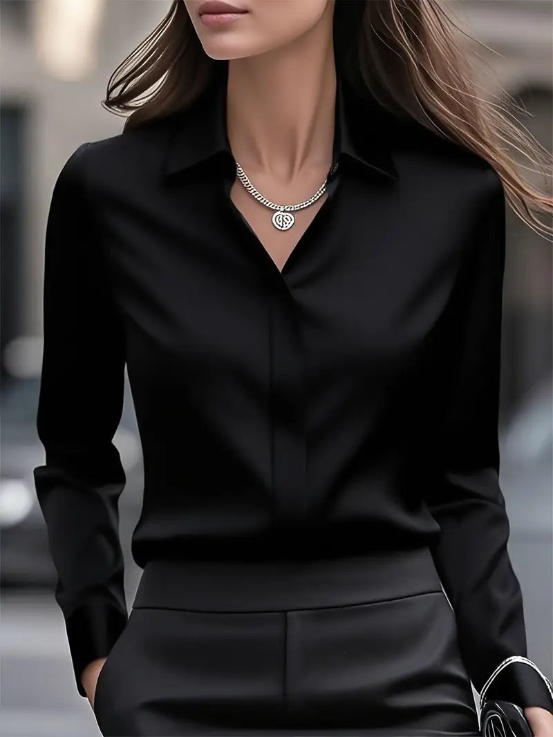 Anjelly Women's Satin Blouse – Solid Color Long Sleeve Lapel Shirt