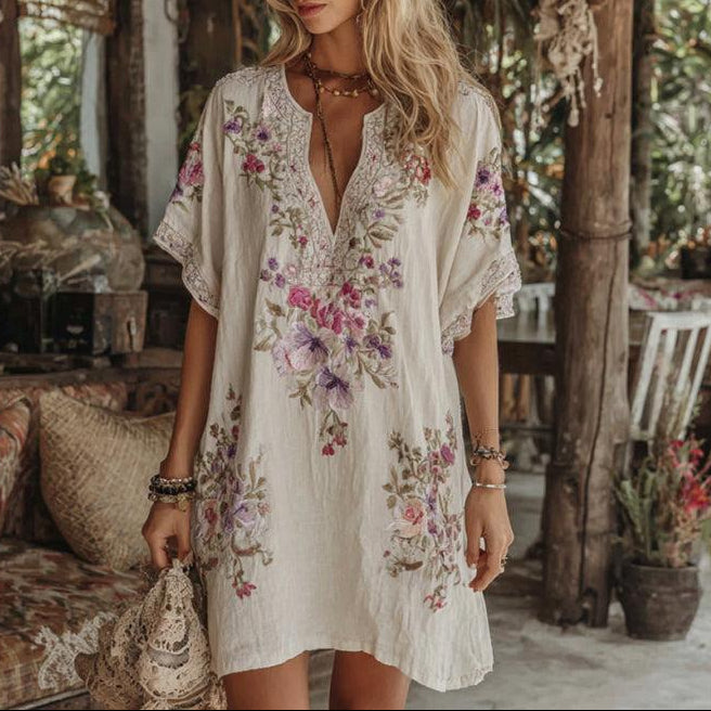 Zaira V-Neck Mini Dress – White A-Line with Floral Texture and Half Sleeves