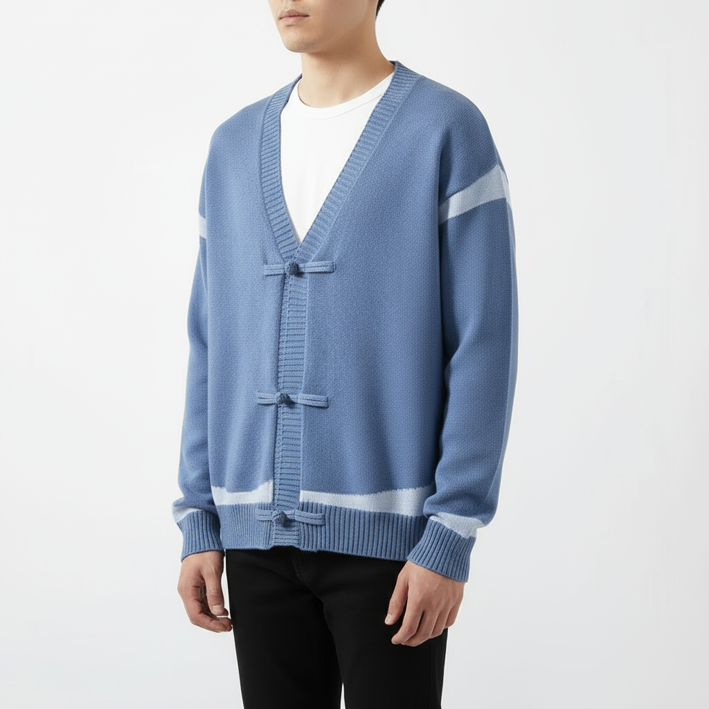 Chris Men’s Wool Cardigan – Contrast Stripe Knit with Toggle Closures
