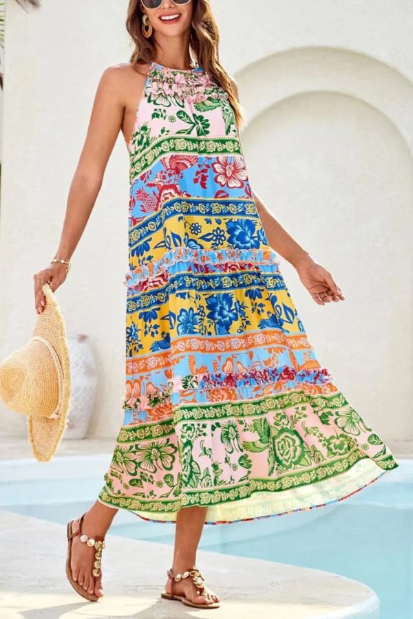 Isla Halter Vacation Dress – Lightweight Floral Maxi with Elegant Neckline for Summer Travel