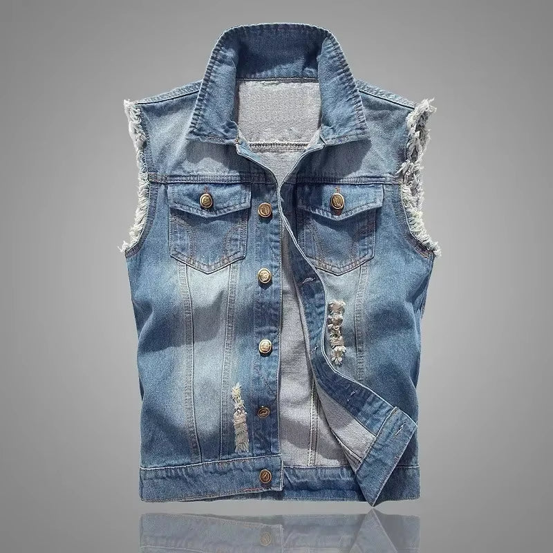 Luigi Distressed Denim Vest – Rugged Sleeveless Layer for Edgy Street Looks