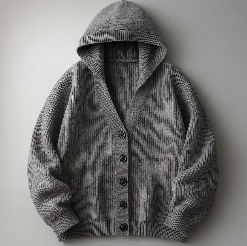 Renee Men’s Knit Hooded Cardigan – Cozy Ribbed Texture Cardigan