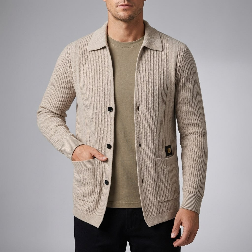 Matteo Men’s Cardigan – Textured Knit Shirt-Style Cardigan