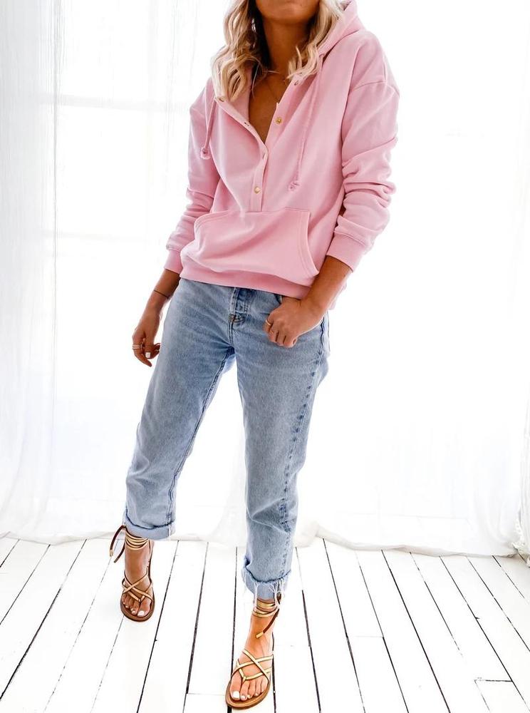 Talia Buttoned Hoodie – Soft Cotton-Blend with Kangaroo Pocket & Half Placket