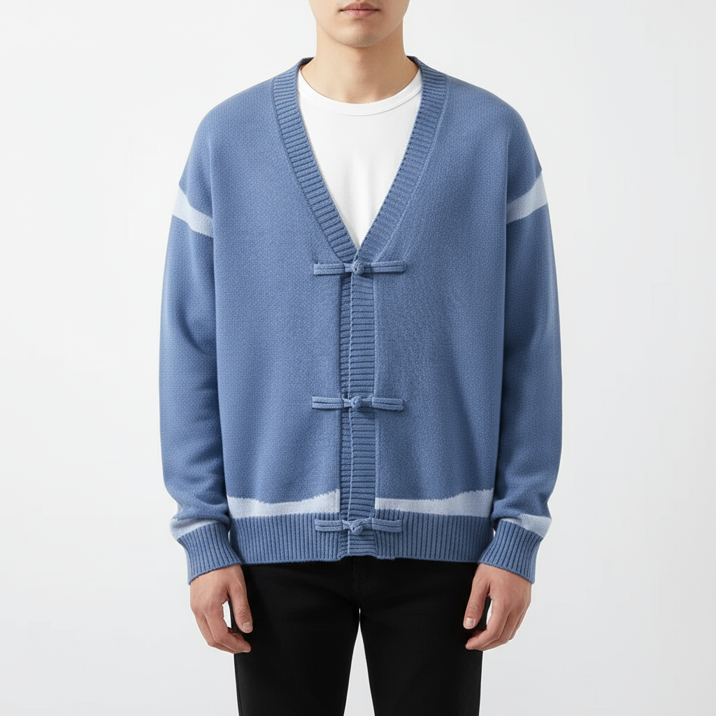 Chris Men’s Wool Cardigan – Contrast Stripe Knit with Toggle Closures