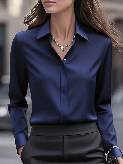 Anjelly Women's Satin Blouse – Solid Color Long Sleeve Lapel Shirt