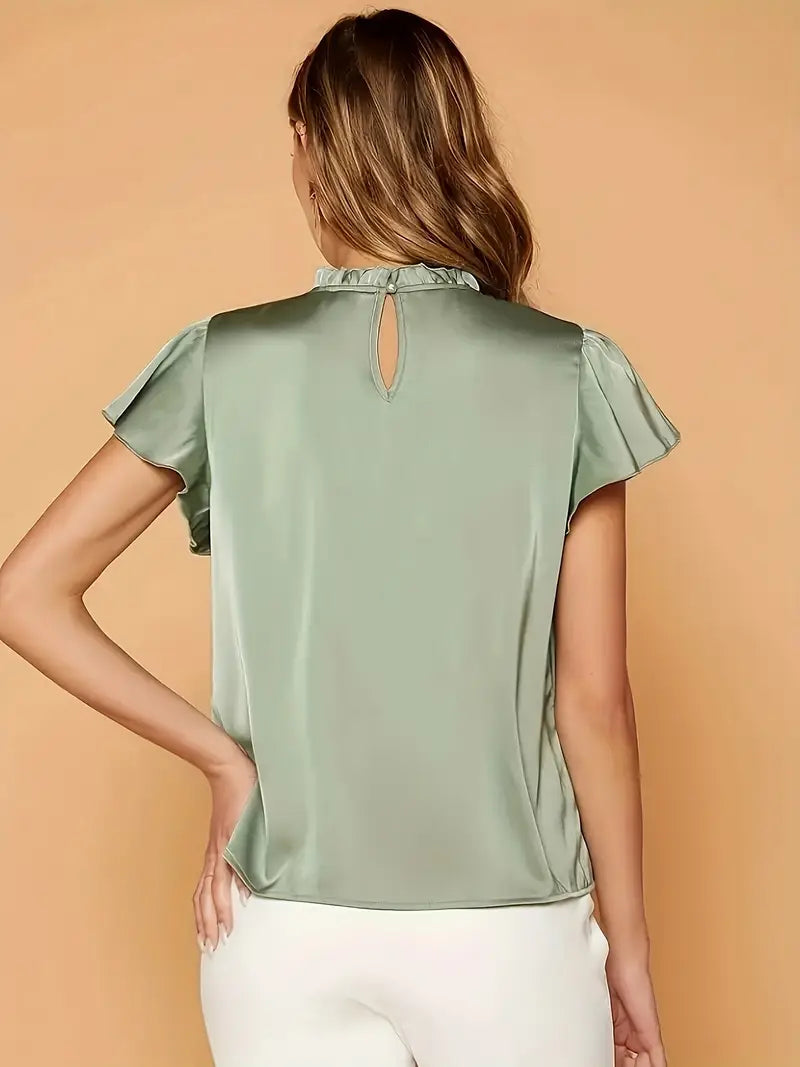 Camille Gathered Neck Blouse – Elegant Puff Sleeve Top in Soft Satin Drape