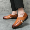 Ethan Men’s Leather Loafers – Woven Cross-Strap Dress Shoes with Airflow Cutouts