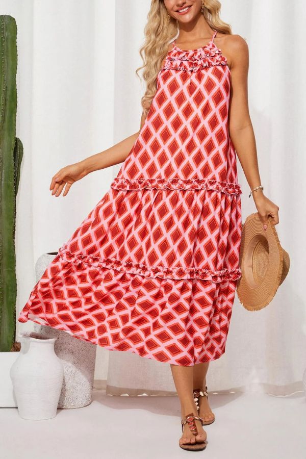 Isla Halter Vacation Dress – Lightweight Floral Maxi with Elegant Neckline for Summer Travel