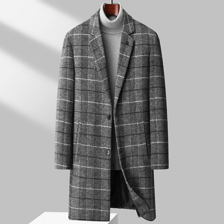 Aldric Men’s Wool Coat – Windowpane Overcoat with Structured Mid-Length Design