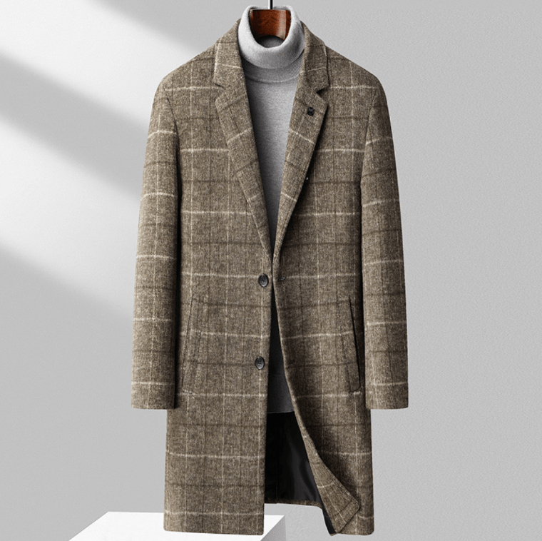 Aldric Men’s Wool Coat – Windowpane Overcoat with Structured Mid-Length Design