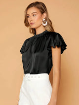 Camille Gathered Neck Blouse – Elegant Puff Sleeve Top in Soft Satin Drape