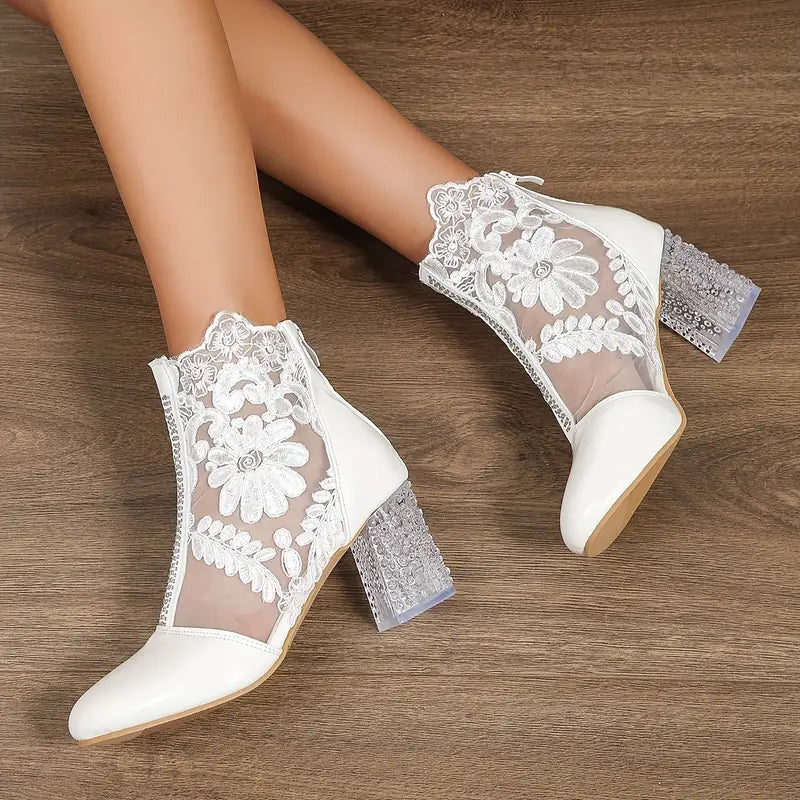 Addison Ladies Ankle Boots – Patent Leather & Floral Embroidered Mesh with Crystal Heel