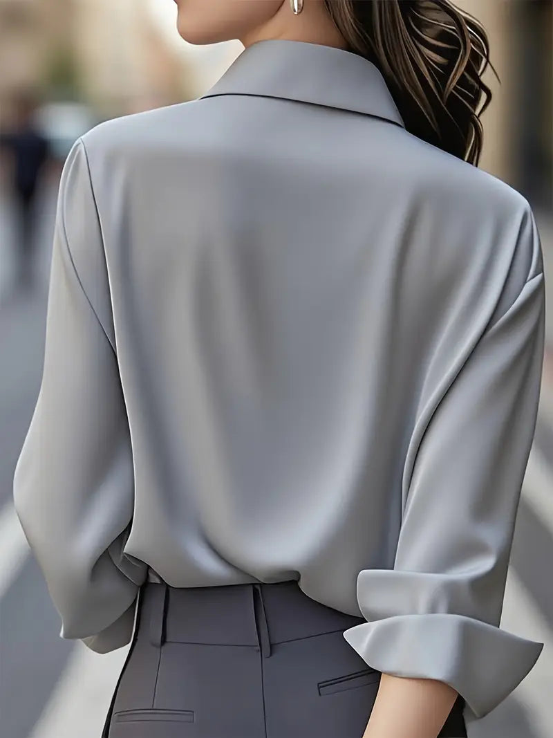 Anjelly Women's Satin Blouse – Solid Color Long Sleeve Lapel Shirt