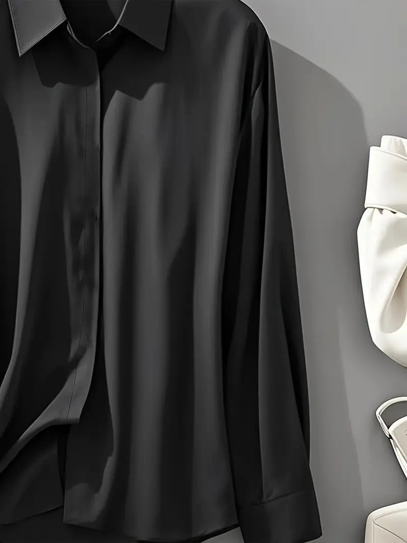 Anjelly Women's Satin Blouse – Solid Color Long Sleeve Lapel Shirt