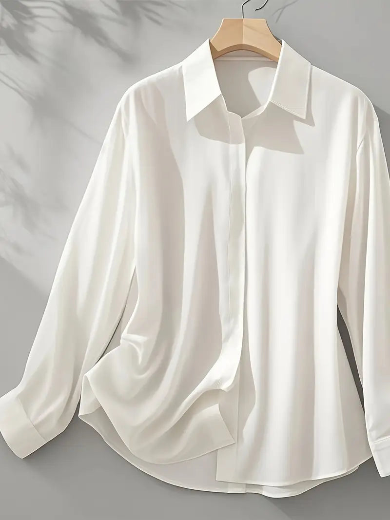Anjelly Women's Satin Blouse – Solid Color Long Sleeve Lapel Shirt