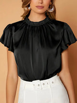 Camille Gathered Neck Blouse – Elegant Puff Sleeve Top in Soft Satin Drape