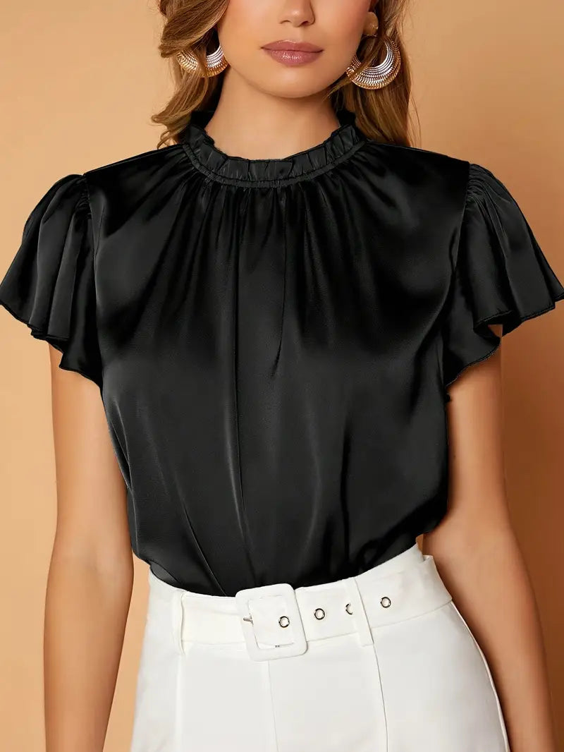 Camille Gathered Neck Blouse – Elegant Puff Sleeve Top in Soft Satin Drape