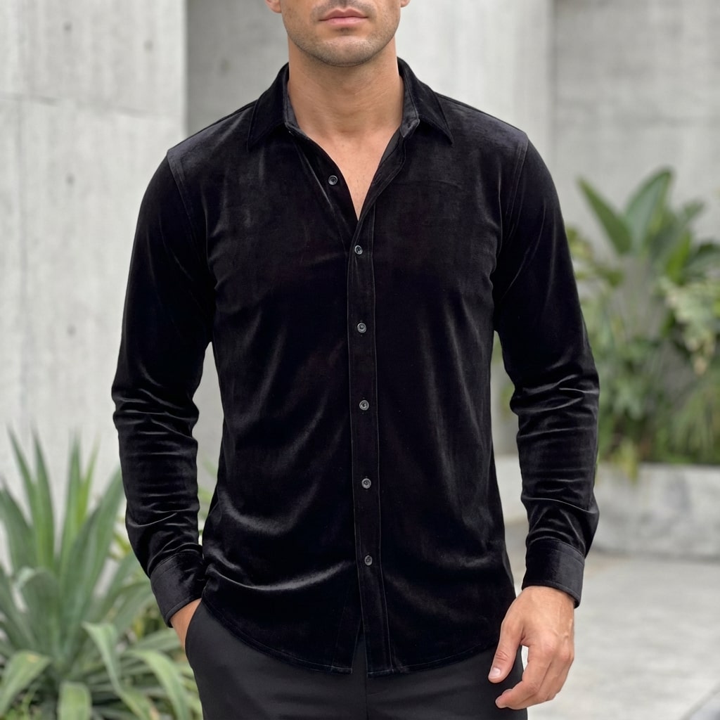 Moivi Men’s Shirt – Velvet Long Sleeve Button-Up Shirt