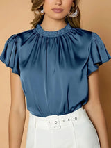 Camille Gathered Neck Blouse – Elegant Puff Sleeve Top in Soft Satin Drape