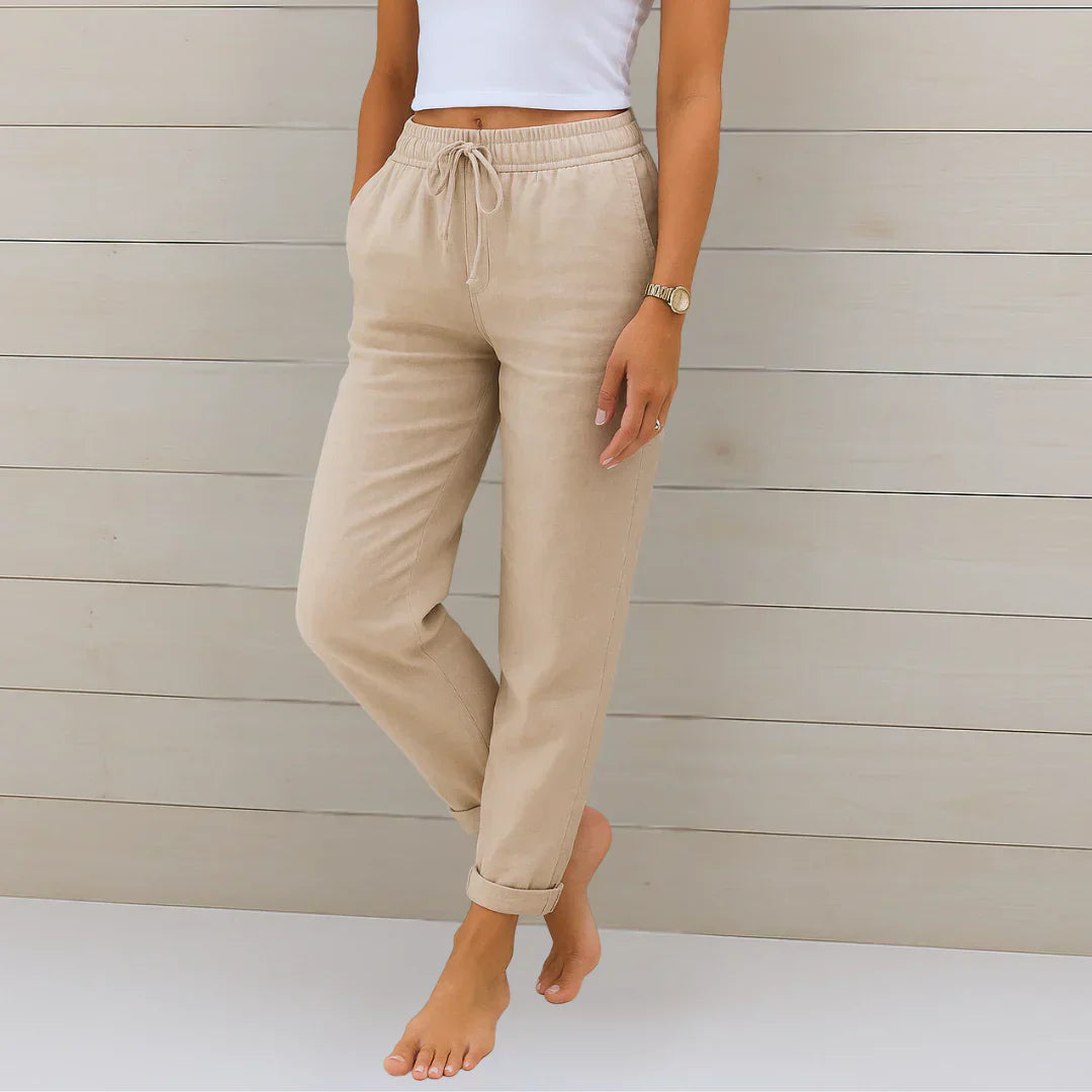 Lucia Rolled-Hem Linen Pants - Breathable Stretch Fit for Summer Comfort