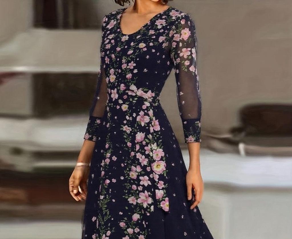 Celina Floral Maxi Dress – Flowing Sleeve Dress with Deep Round Neckline