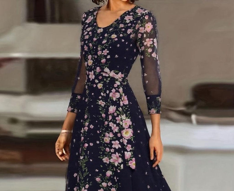 Celina Floral Maxi Dress – Flowing Sleeve Dress with Deep Round Neckline