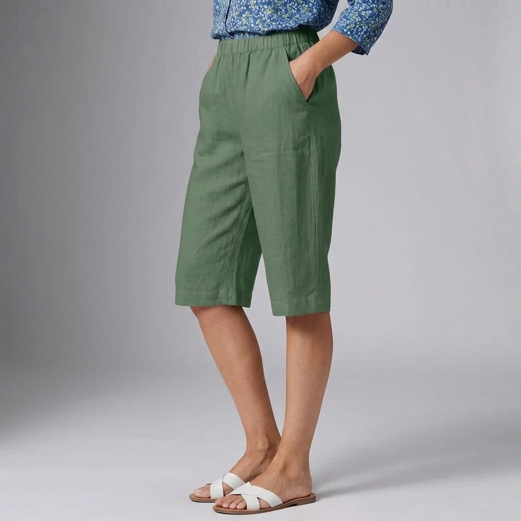 Emerald Linen Knee Shorts – Breathable High Waisted Summer Shorts