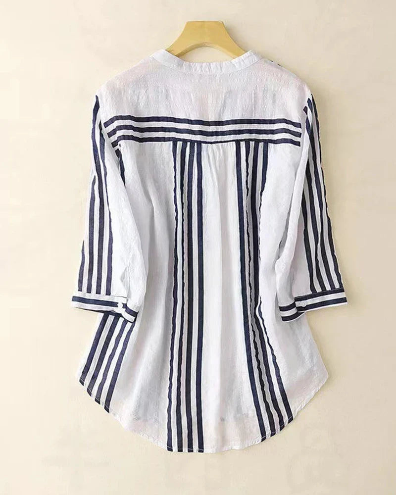 Marlene Striped Linen Shirts – Women’s V-Neck Top with Navy Vertical Stripes