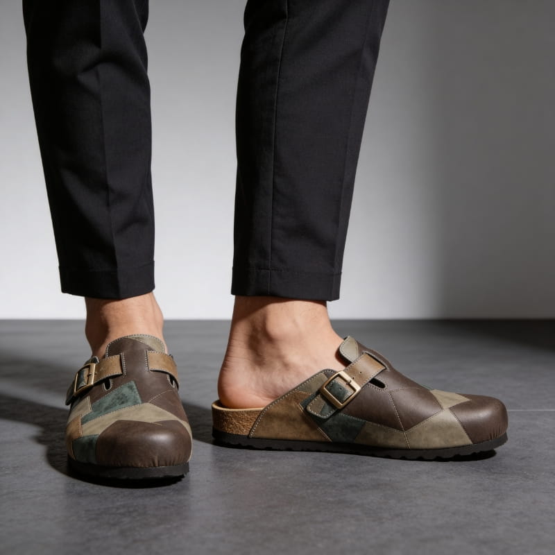 Gavin Genuine Leather Patchwork Clogs – Buckled Slip-On Casual Shoes