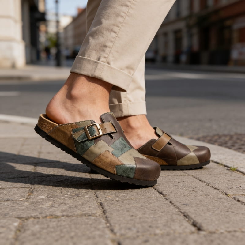Gavin Genuine Leather Patchwork Clogs – Buckled Slip-On Casual Shoes