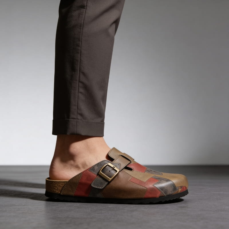 Gavin Genuine Leather Patchwork Clogs – Buckled Slip-On Casual Shoes