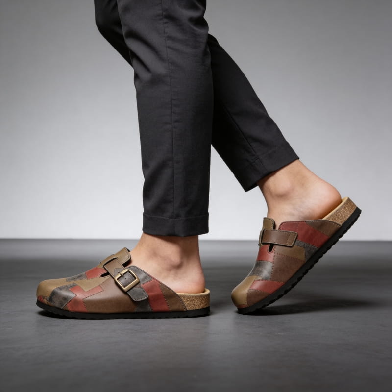 Gavin Genuine Leather Patchwork Clogs – Buckled Slip-On Casual Shoes