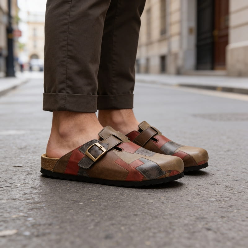 Gavin Genuine Leather Patchwork Clogs – Buckled Slip-On Casual Shoes