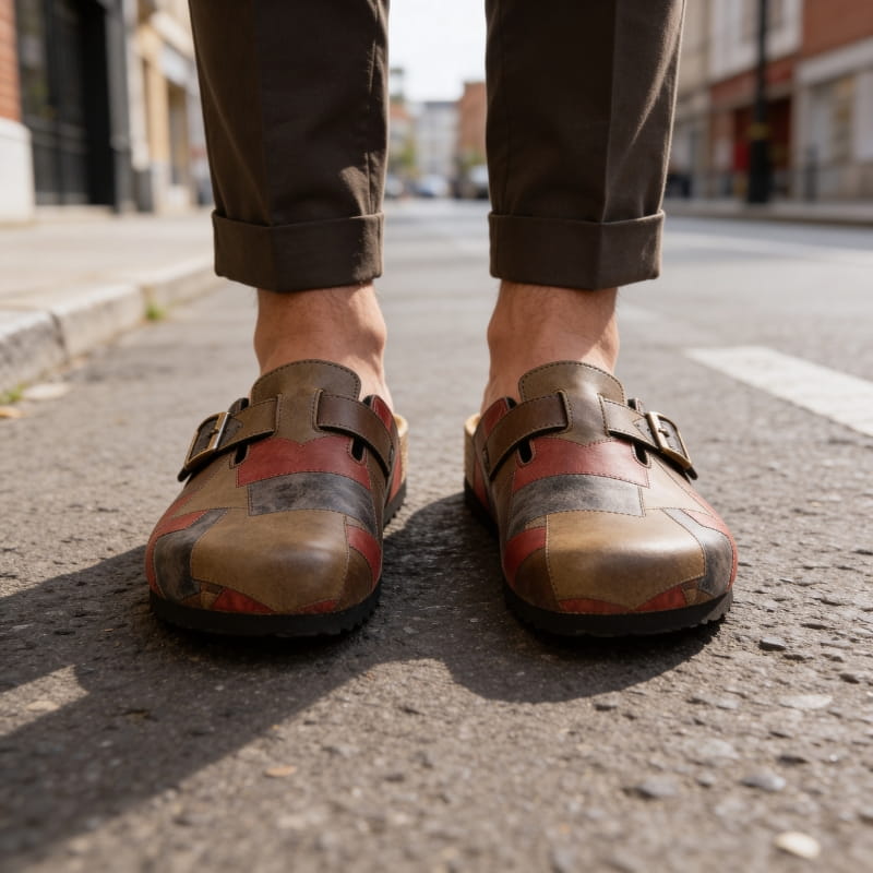 Gavin Genuine Leather Patchwork Clogs – Buckled Slip-On Casual Shoes