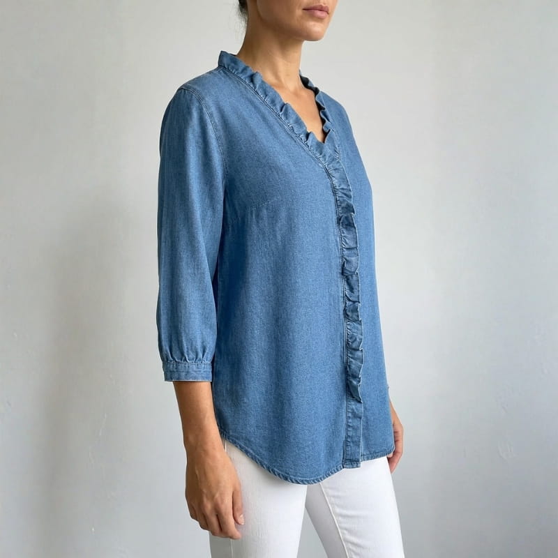 Floraine Women's Denim Ruffle Blouse – Soft V-Neck Top