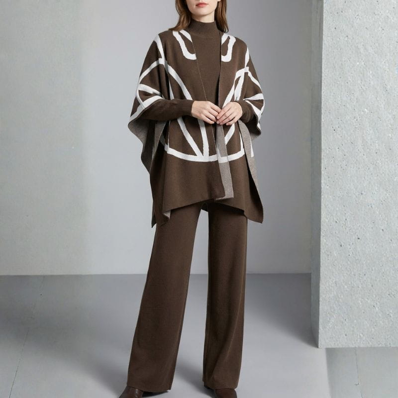 Eleine Women’s Knit Lounge Set – Viscose-Blend Sweater, Cardigan & Wide-Leg Pants