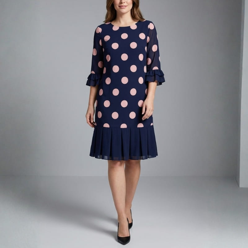 Penelope Pleated Polka Dot Midi Dress – Lightweight Chiffon Day Dress