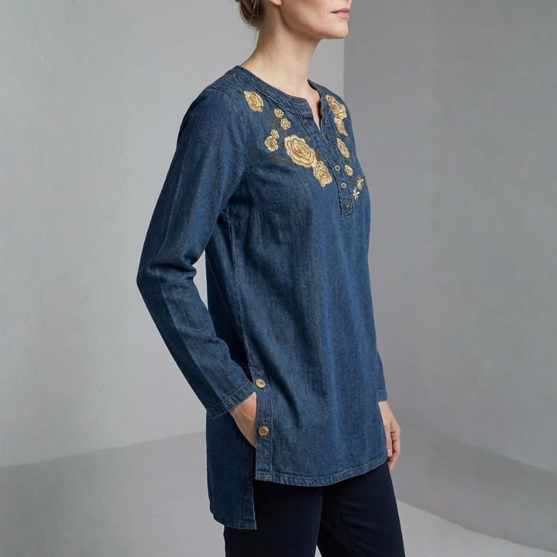 Shila Women's Floral Denim Shirt – Soft Breathable Button Down Blouse