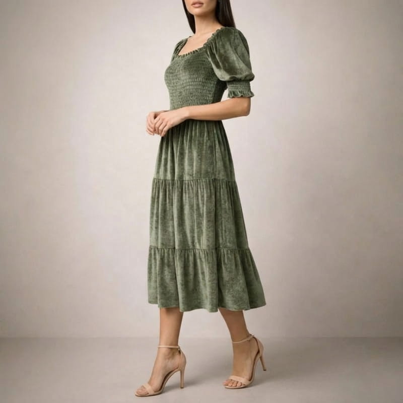 Zanele Velvety Ruffle Midi Dress – Sophisticated Day-to-Night Dress