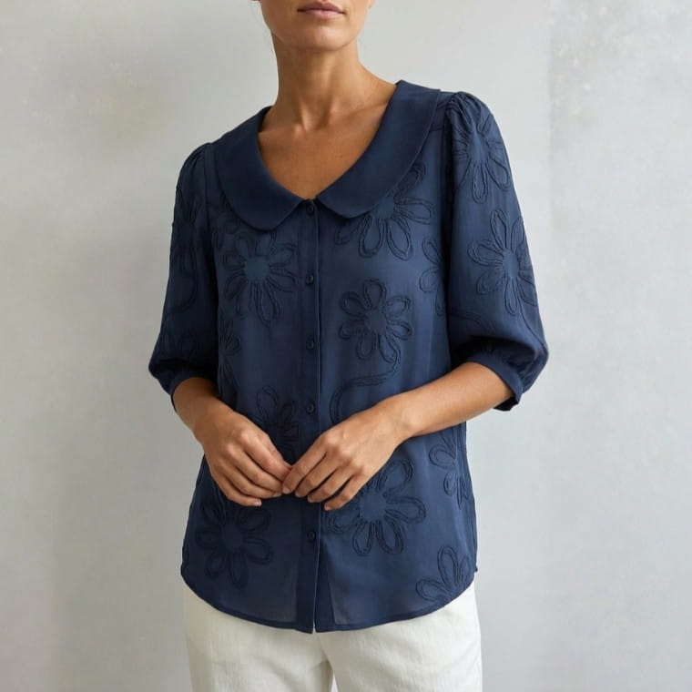 Viniela Women's Floral Textured Blouse – Cotton Button Down Round Collar Top
