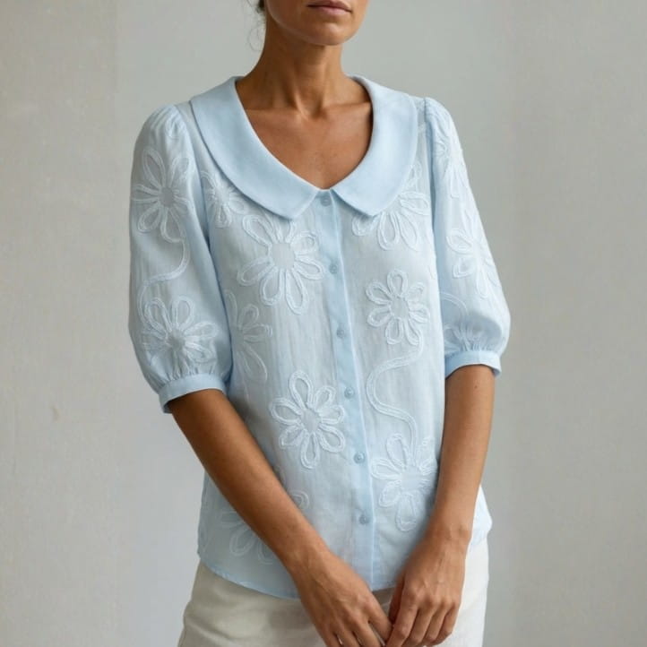Viniela Women's Floral Textured Blouse – Cotton Button Down Round Collar Top