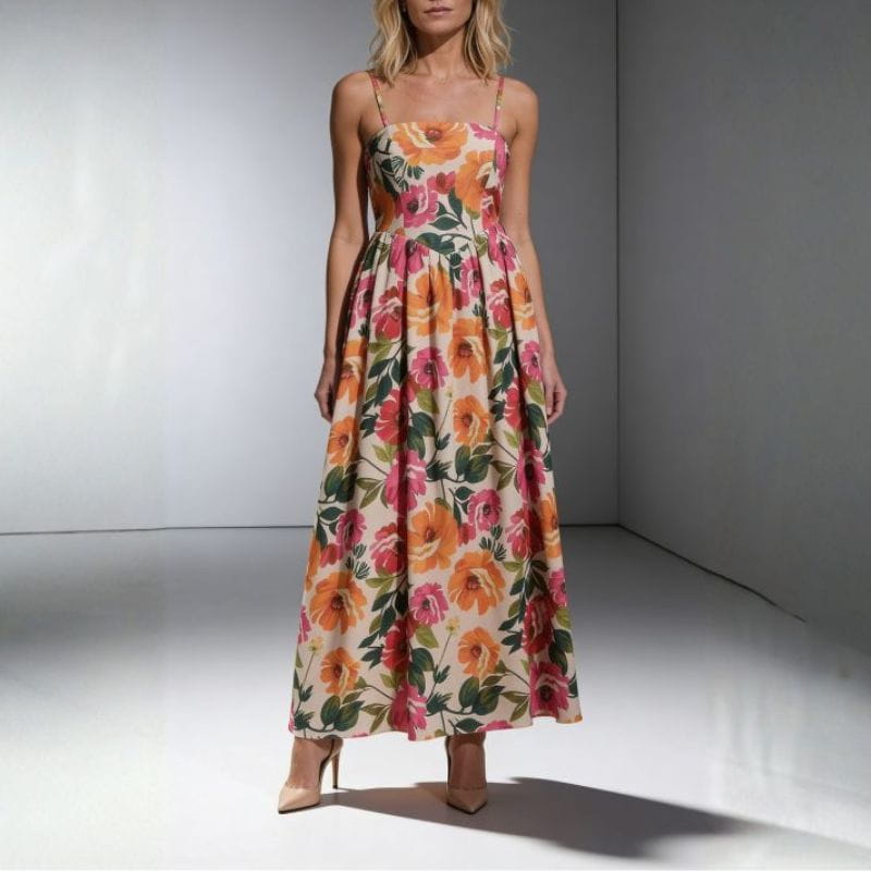 Vivienne Floral Print Maxi Dress – Gathered Waist Silhouette