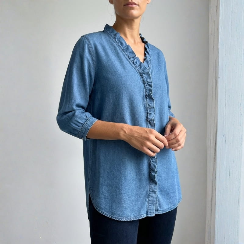 Floraine Women's Denim Ruffle Blouse – Soft V-Neck Top