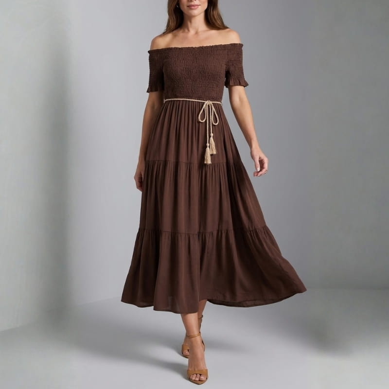 Clara Off Shoulder Pleated Waist Midi Dress – Tiered Smocked Neckline