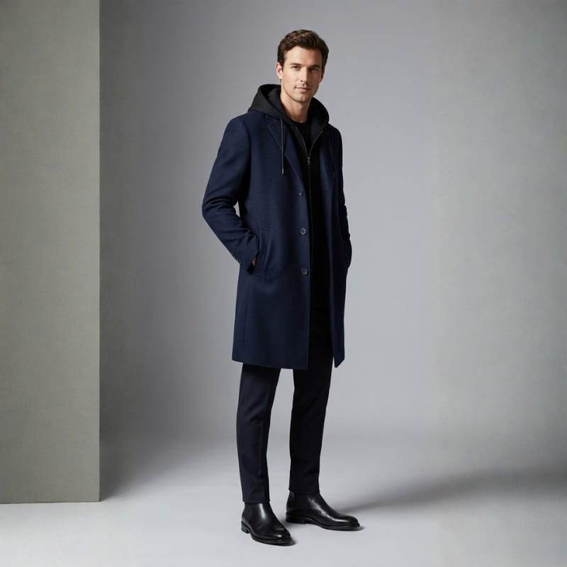 Loreno Men’s Hooded Wool Coat – Premium Textured Winter Outerwear